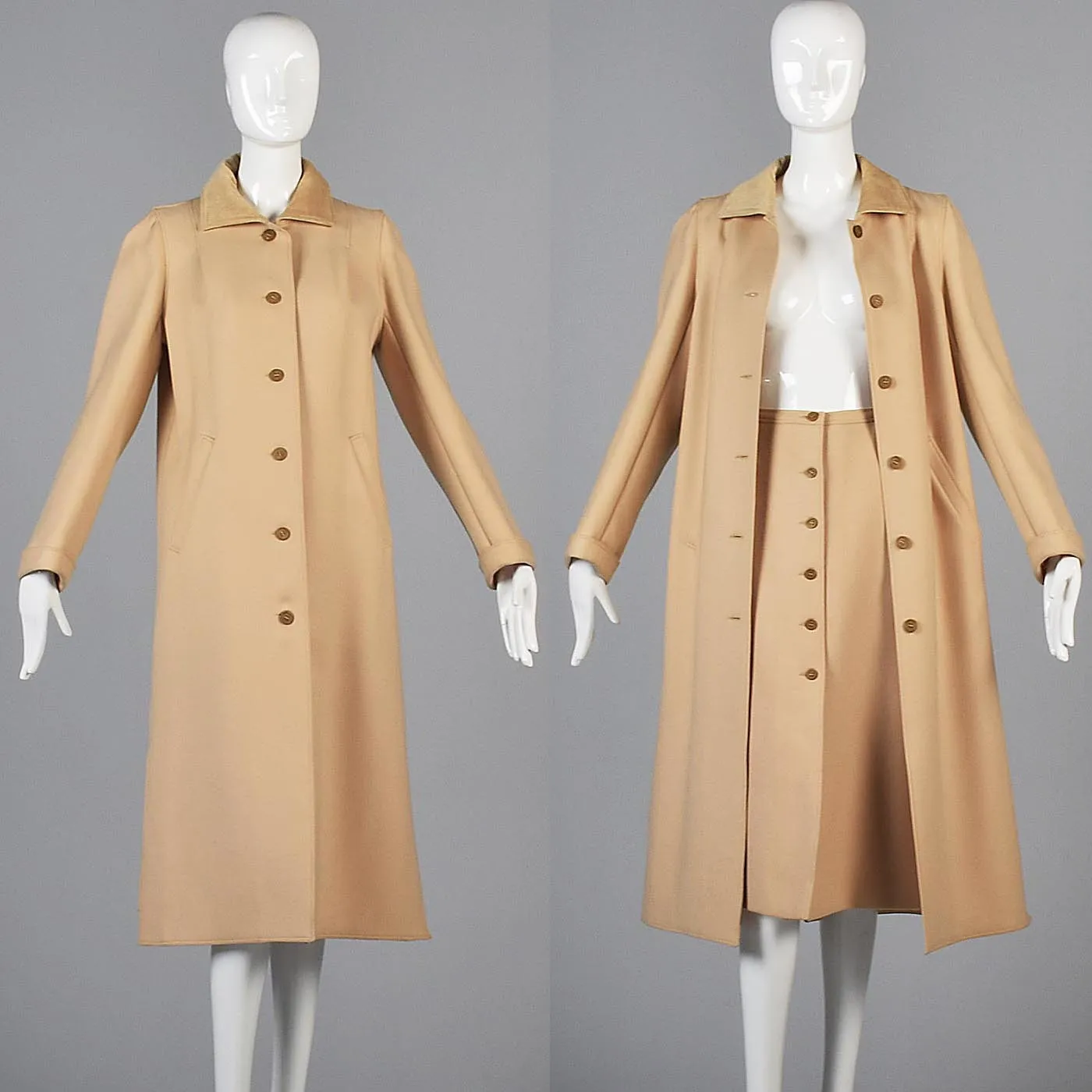1970s Courreges Camel Coat and Skirt Set with Button Details