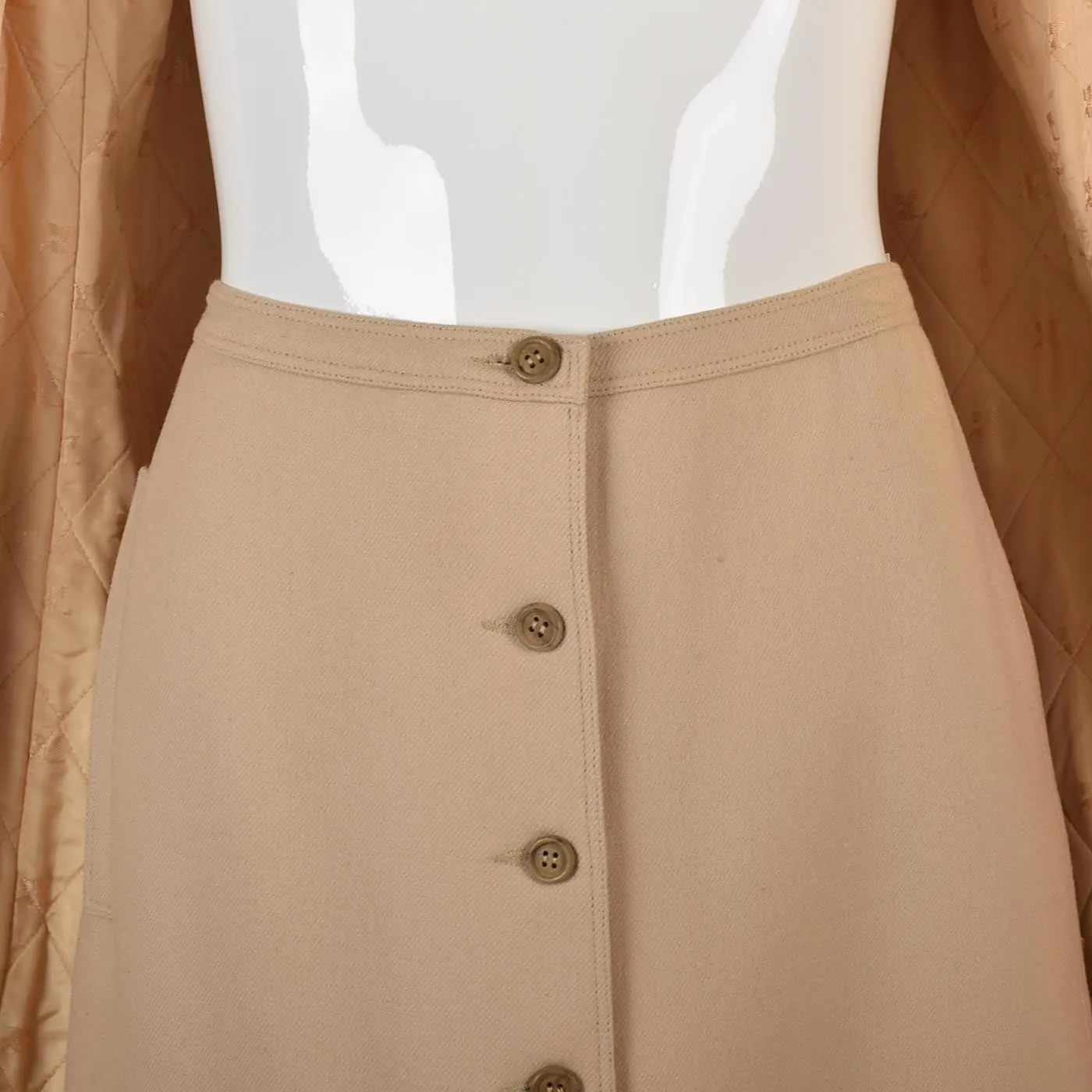 1970s Courreges Camel Coat and Skirt Set with Button Details