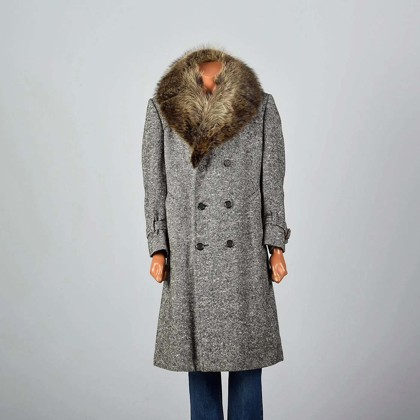 1970s Mens Wool Tweed Coat with Raccoon Fur Collar