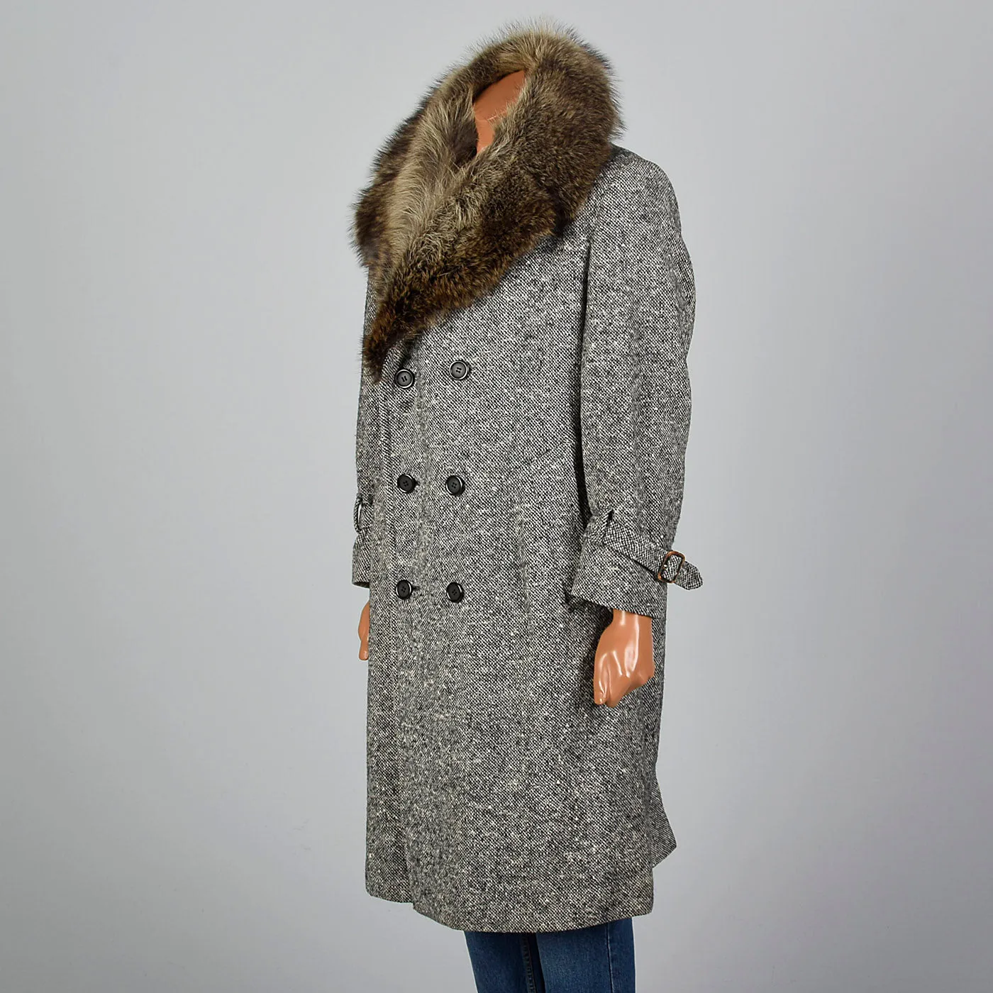 1970s Mens Wool Tweed Coat with Raccoon Fur Collar