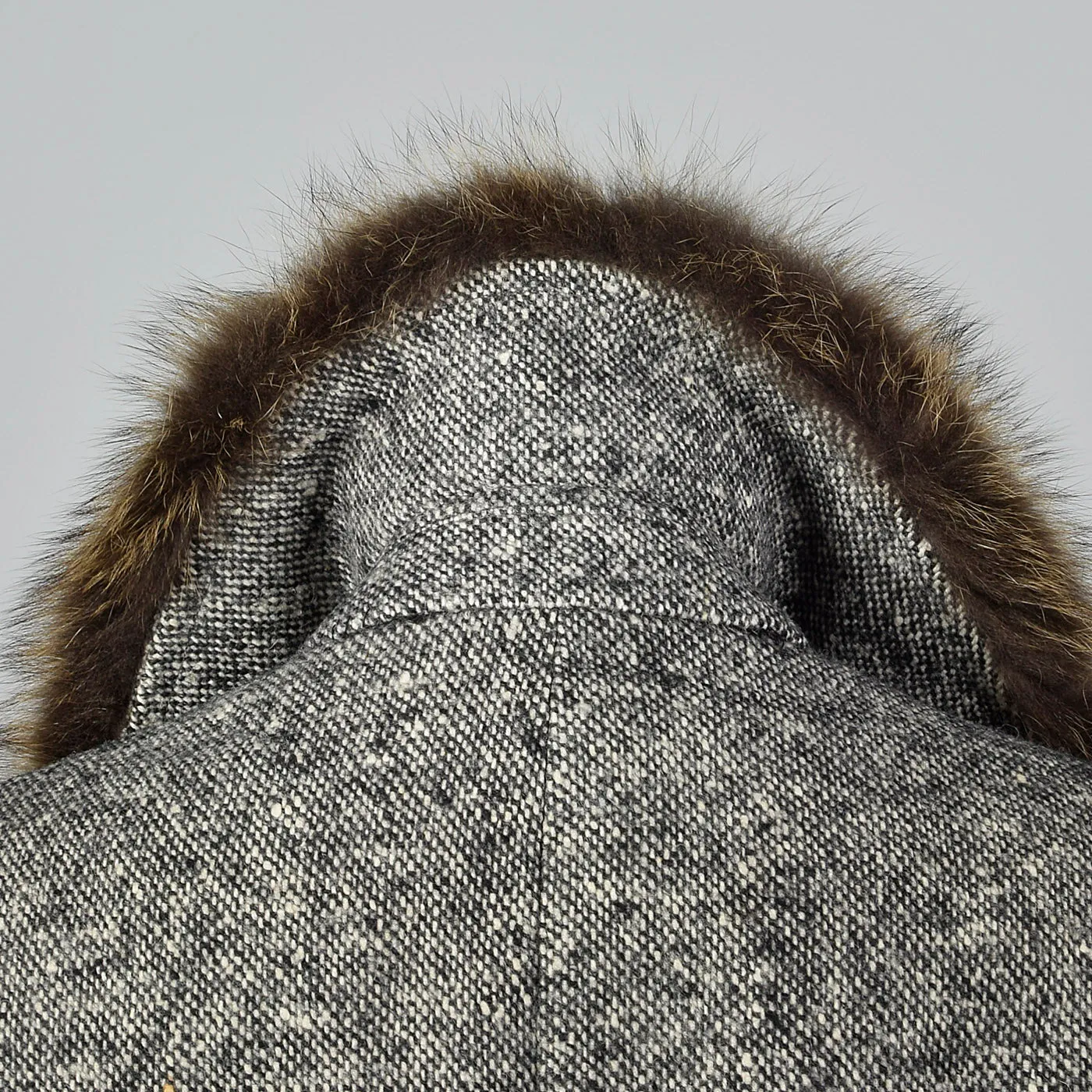 1970s Mens Wool Tweed Coat with Raccoon Fur Collar