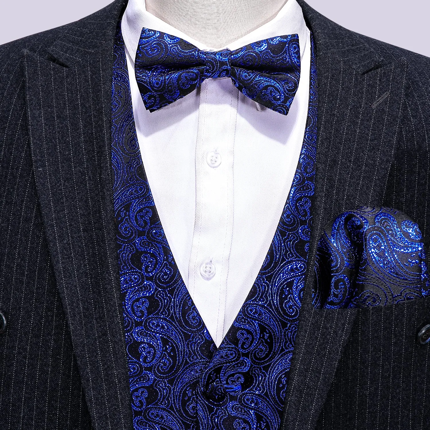 $9.99 Shining Navy Blue Paisley Silk Men's Vest Bow Tie Handkerchief Cufflinks Set Waistcoat Suit Set