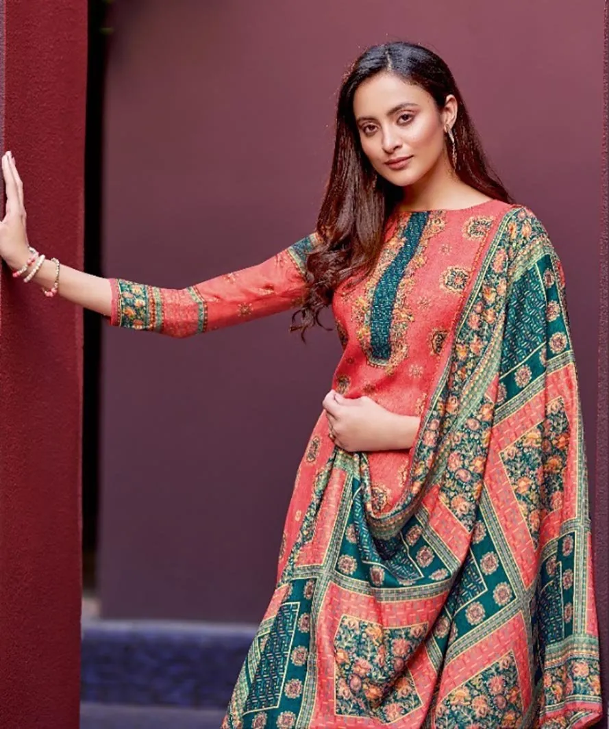Alok Woolen Pashmina Red Winter Unstitched Suit With Dupatta