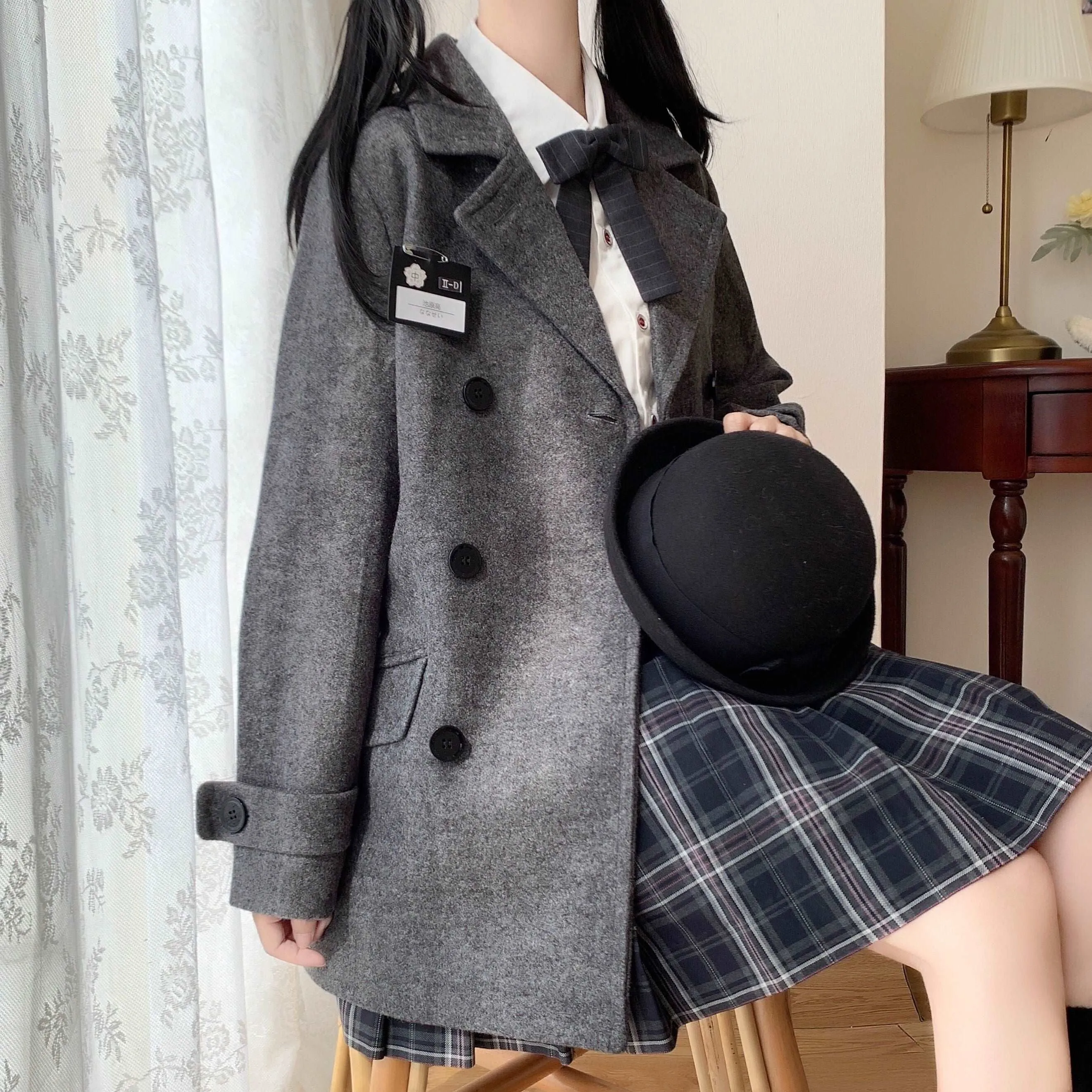 Black Navy Blue Thick Velvet Wool Long Coat