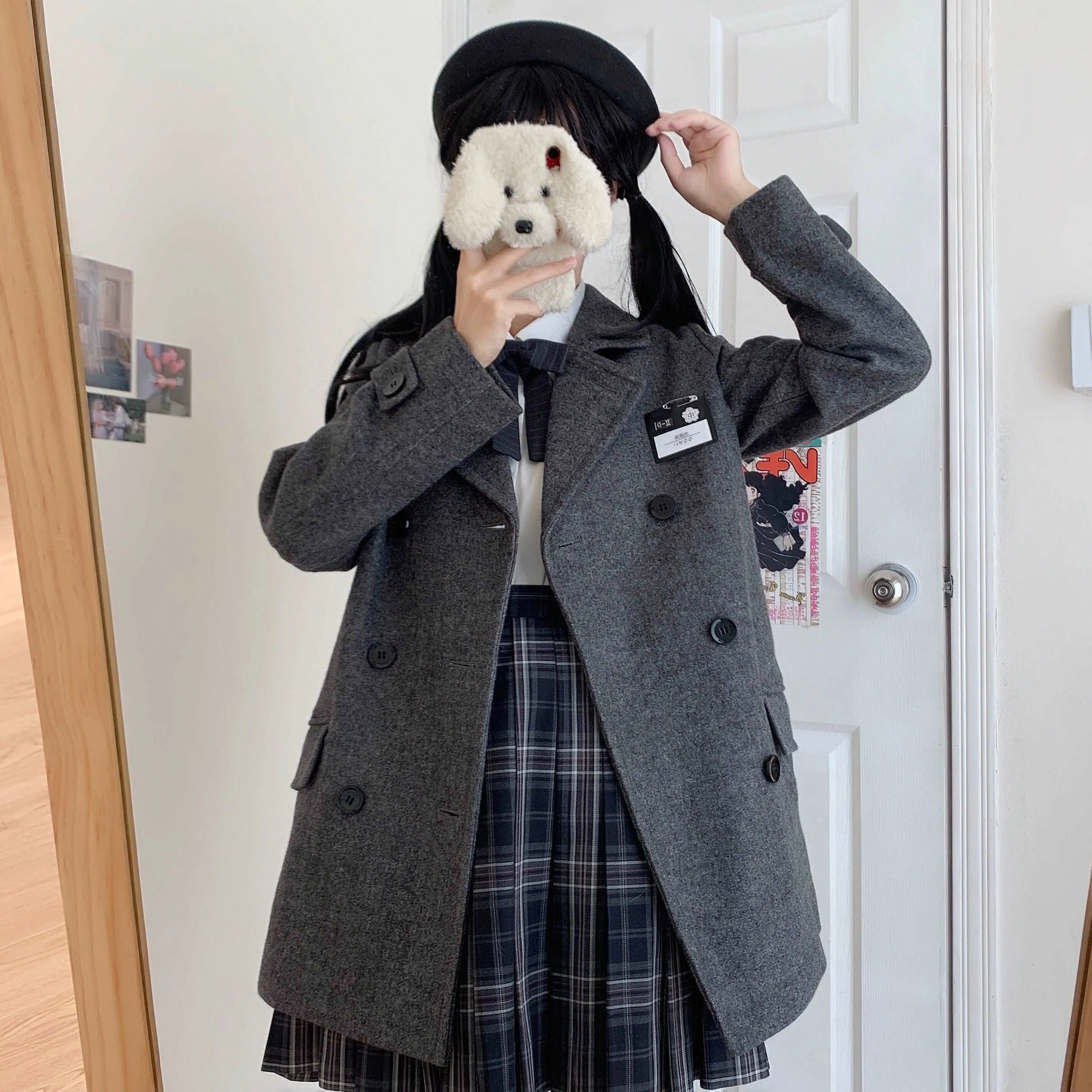 Black Navy Blue Thick Velvet Wool Long Coat