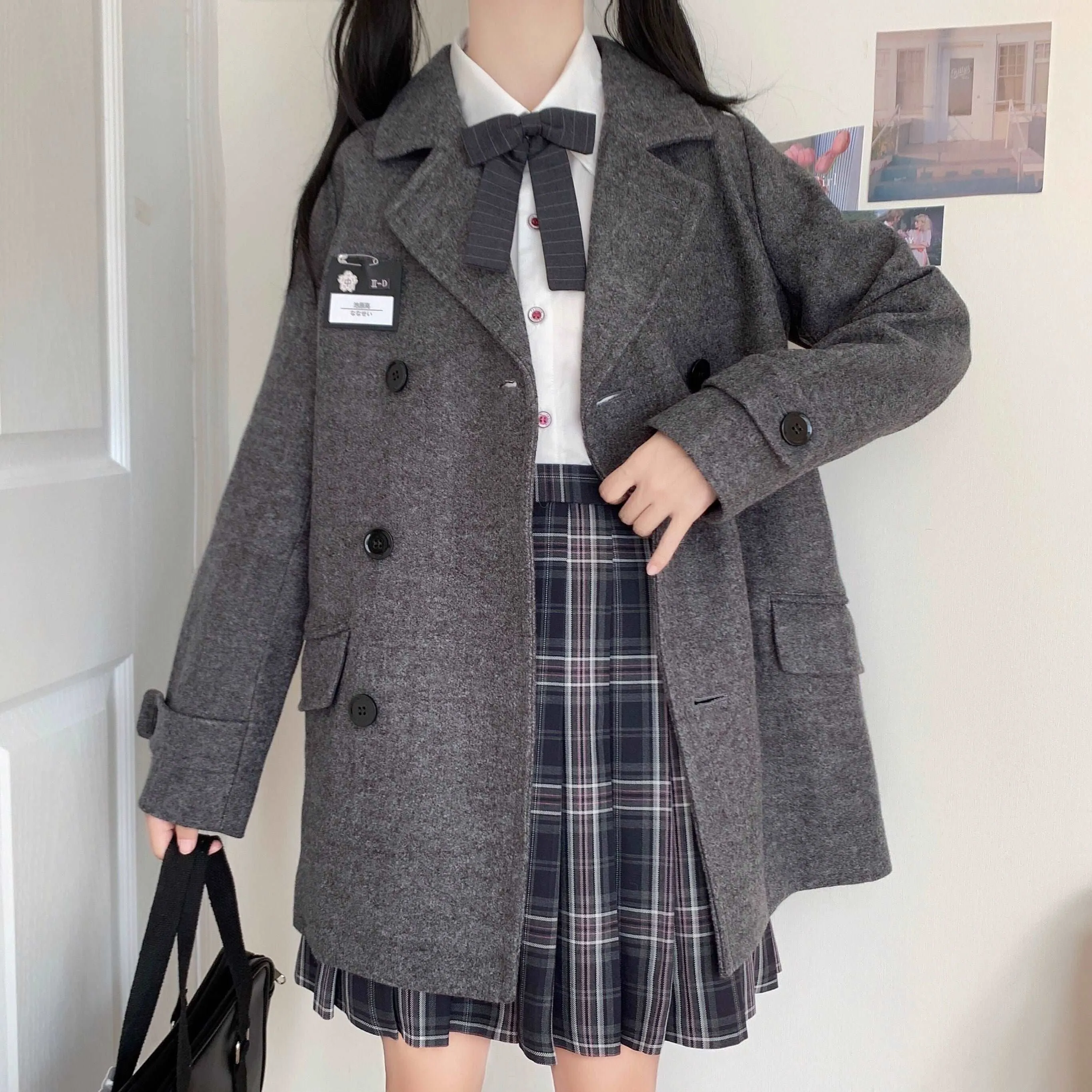 Black Navy Blue Thick Velvet Wool Long Coat