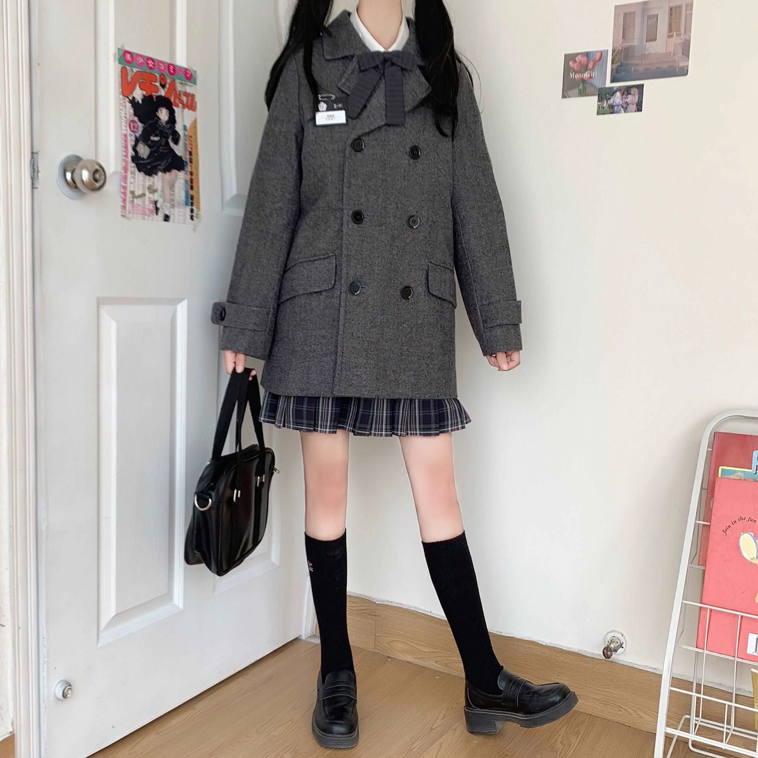 Black Navy Blue Thick Velvet Wool Long Coat