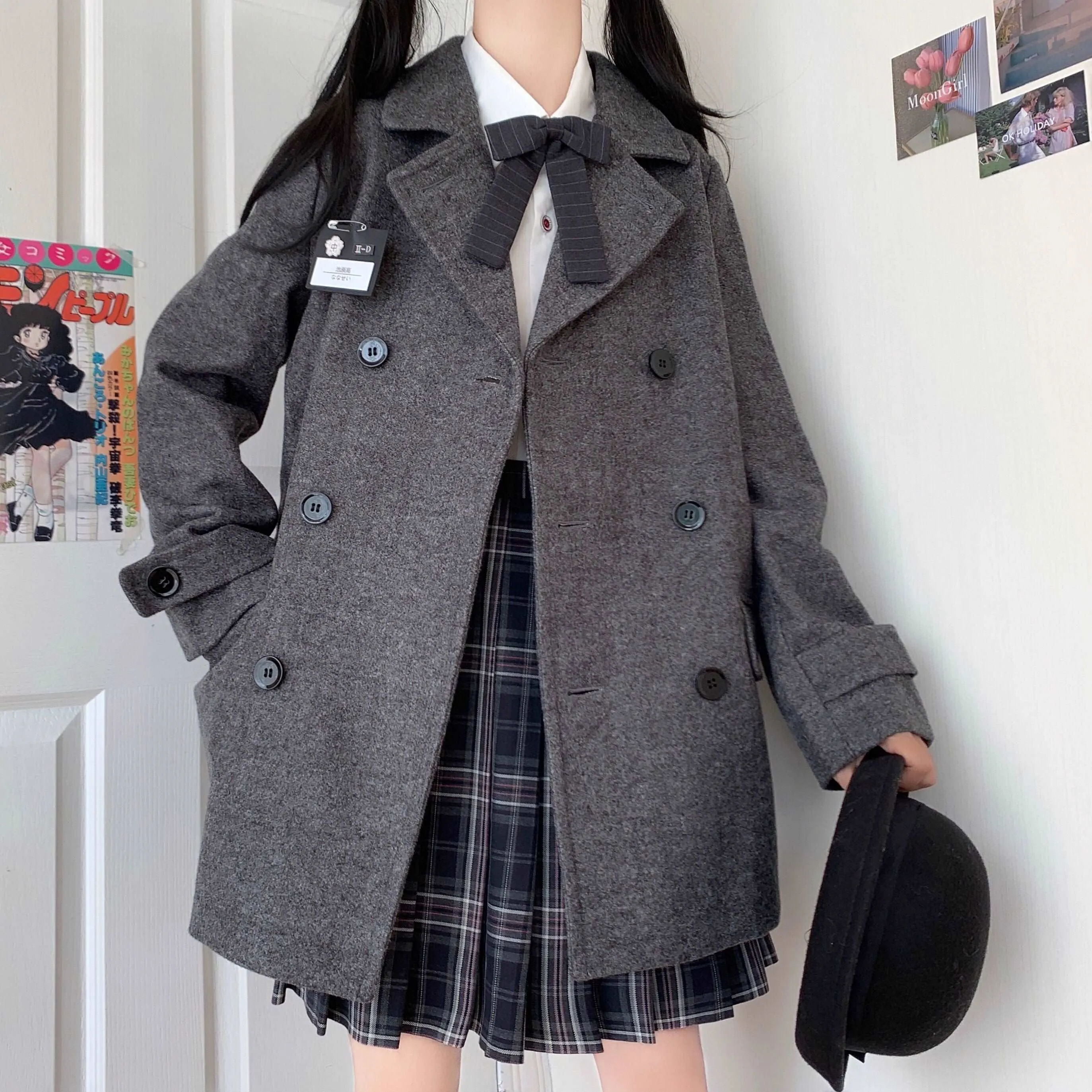 Black Navy Blue Thick Velvet Wool Long Coat