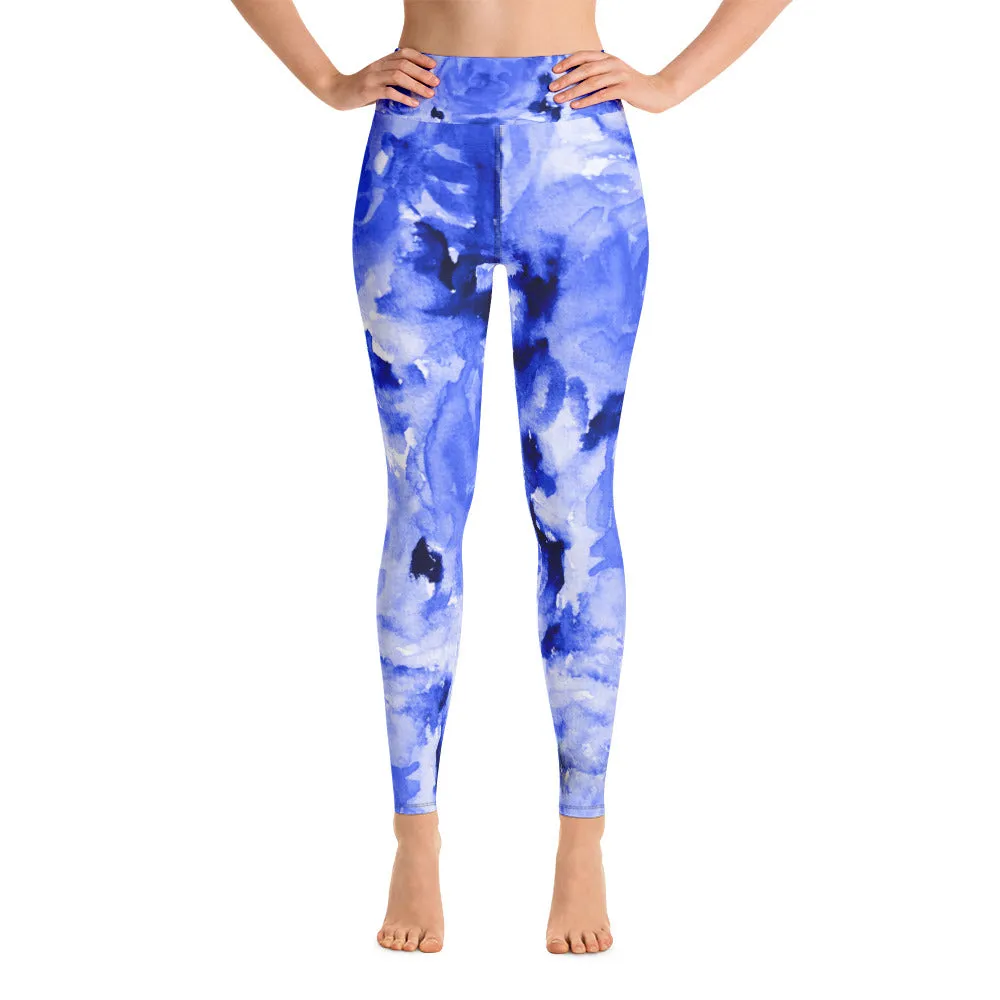 Blue Floral Women's Leggings, Abstract Rose Print Long Gym Yoga Pants-Made in USA/EU