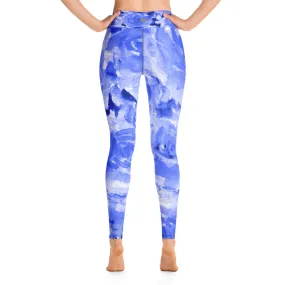 Blue Floral Women's Leggings, Abstract Rose Print Long Gym Yoga Pants-Made in USA/EU
