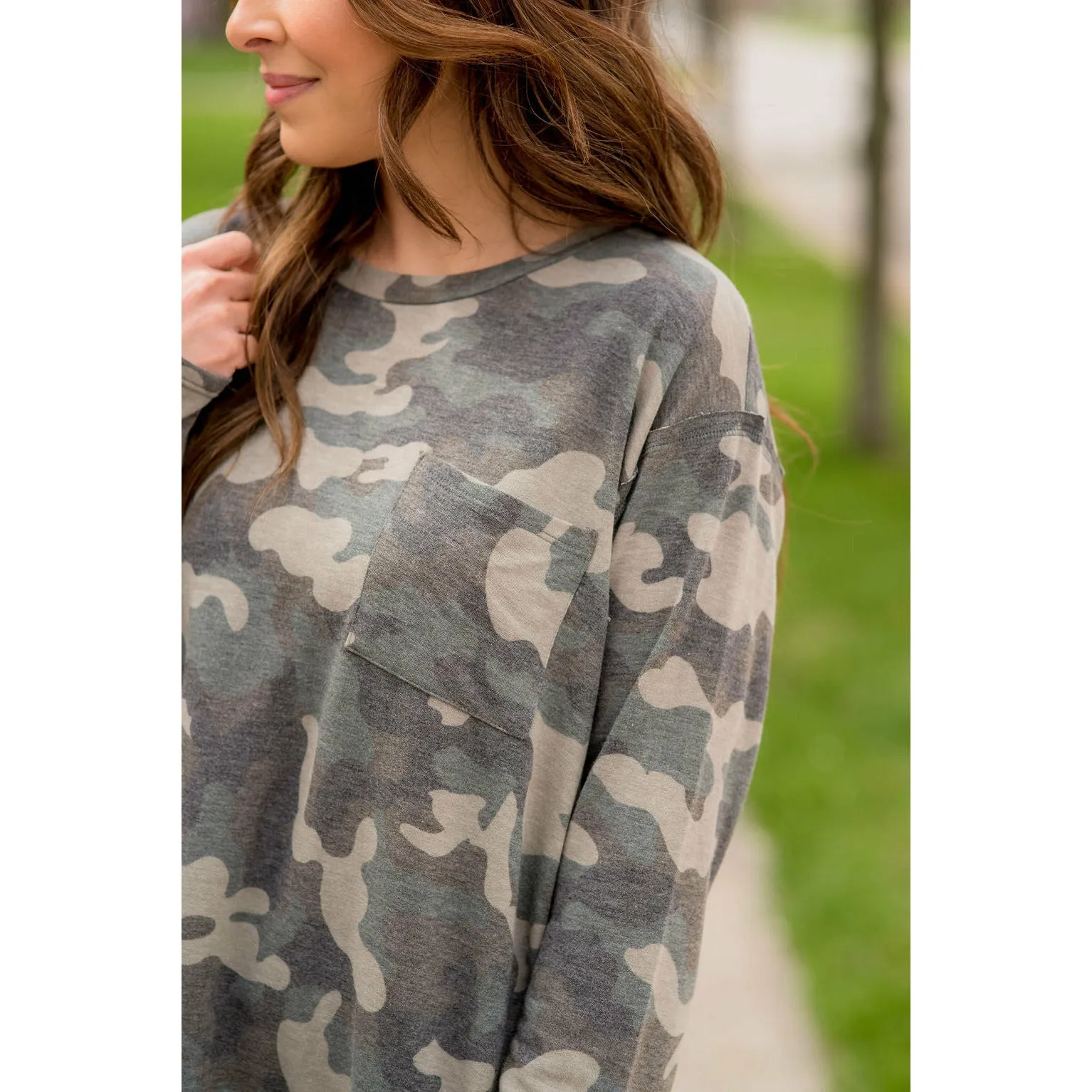 Camo Side Slit Long Sleeve Tee