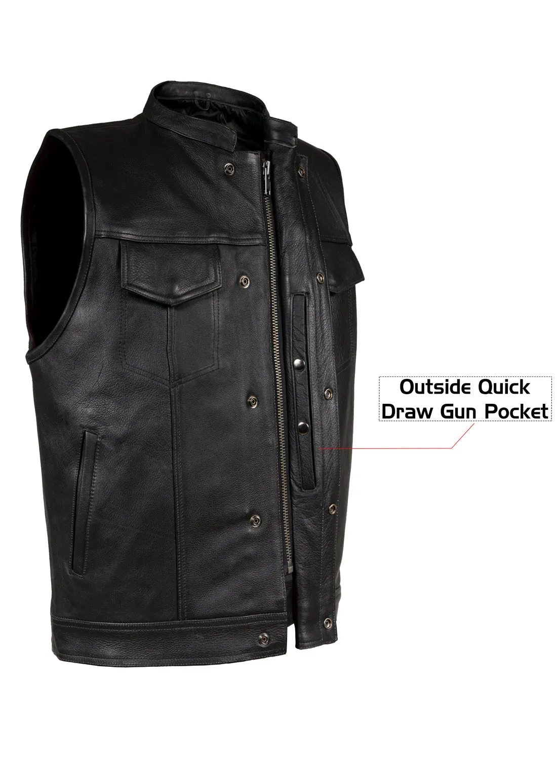 Dream Apparel® Mens Motorcycle CLUB VEST® Cowhide Leather, Zipper Front, Concealed Front Snaps