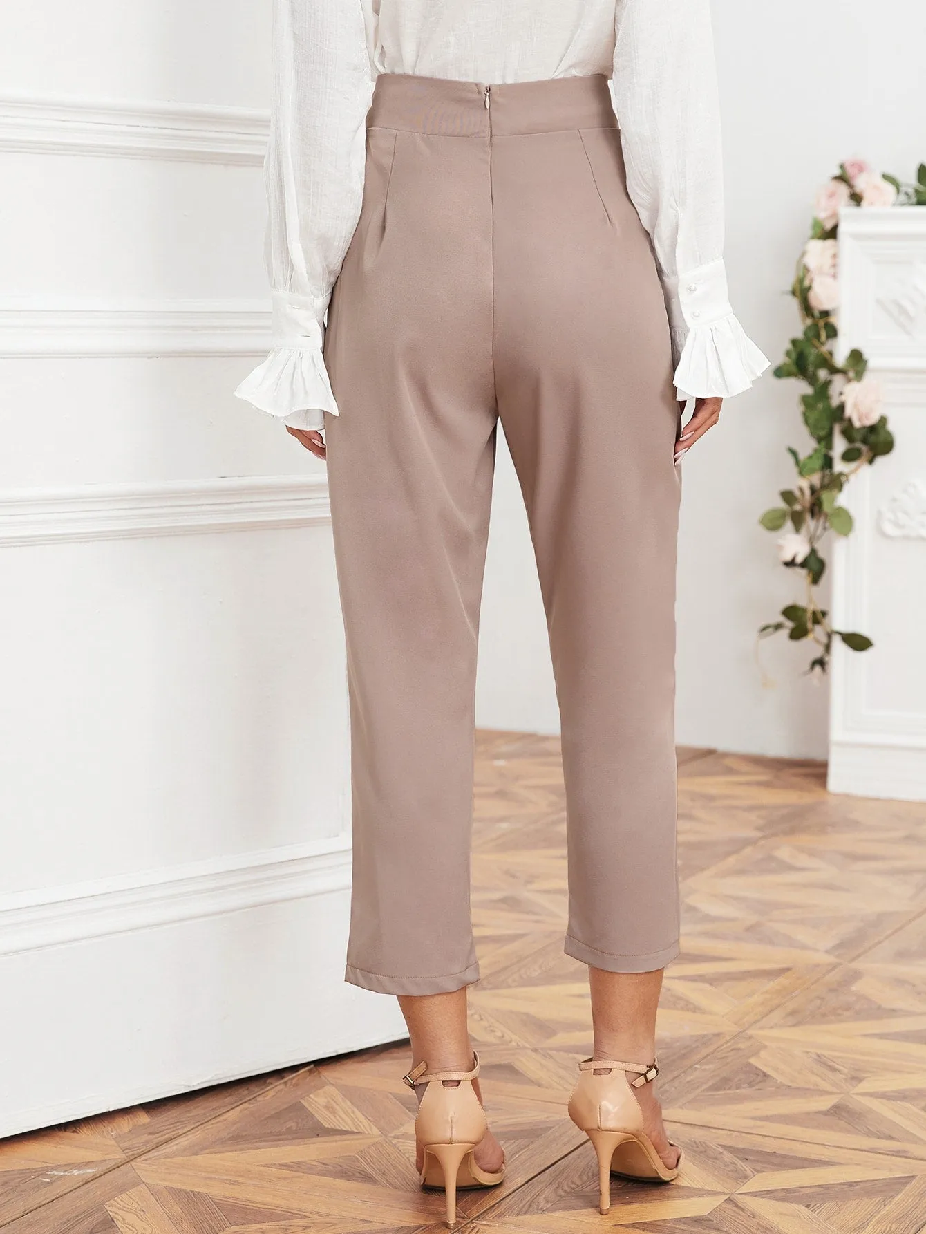 Elegant Plain Belted High Waist Cropped Women Pants