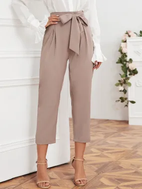 Elegant Plain Belted High Waist Cropped Women Pants