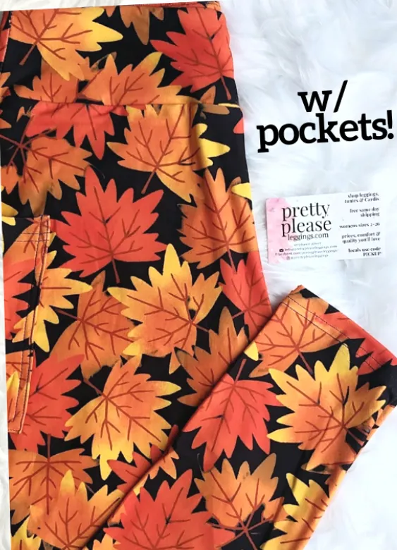 Fall Leaves Super SOFT Leggings OS TC Plus Autumn Pumpkin Halloween Holiday rts