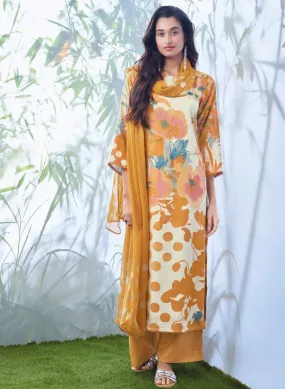 Ganga Unstitched Yellow Woolen Pashmina Printed Winter Suit for Ladies