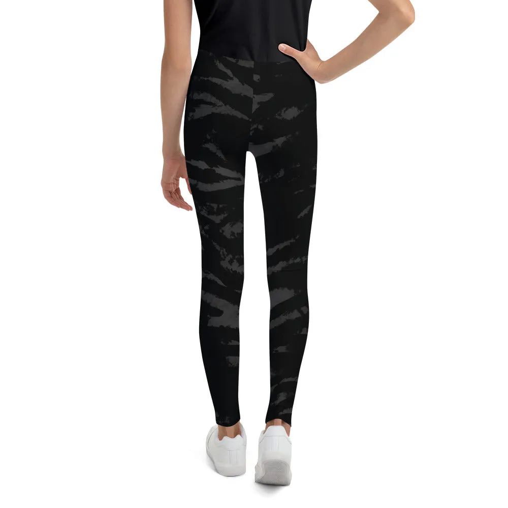 Girl Bottoms Winter Essentials Black Tiger Stripe Print Youth Leggings, Made in USA/EU