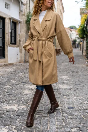 GNS Woman Camel Cashmere Melon Sleeve Jacket Collar Pocketed Belted Coat Bst3311 - Palermo