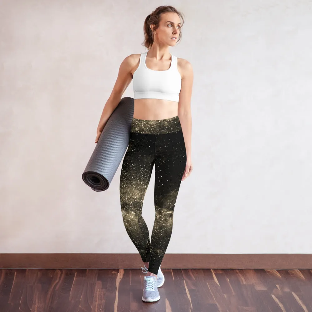 Golden Galaxy Yoga Leggings, Space Galaxies Women's Long Yoga Tights-Made in USA/EU/MX