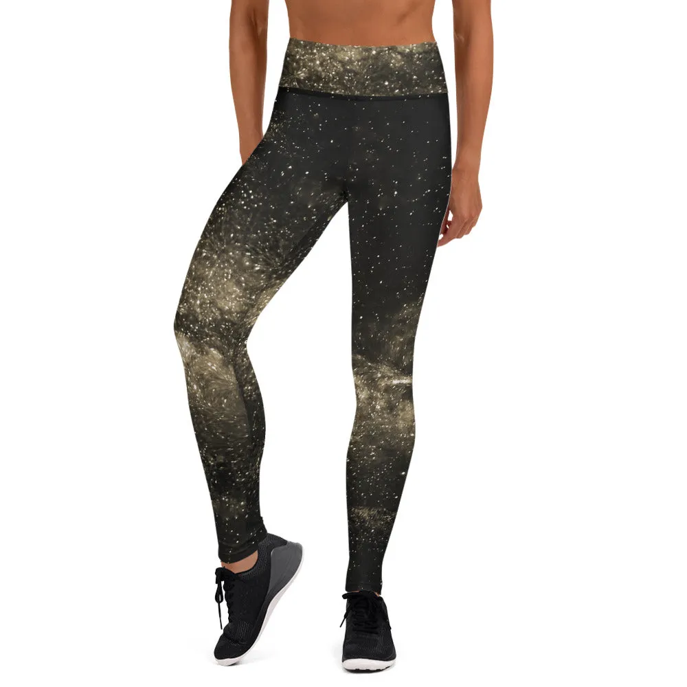 Golden Galaxy Yoga Leggings, Space Galaxies Women's Long Yoga Tights-Made in USA/EU/MX