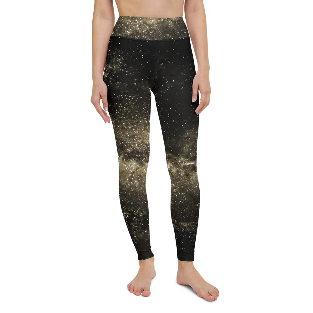 Golden Galaxy Yoga Leggings, Space Galaxies Women's Long Yoga Tights-Made in USA/EU/MX