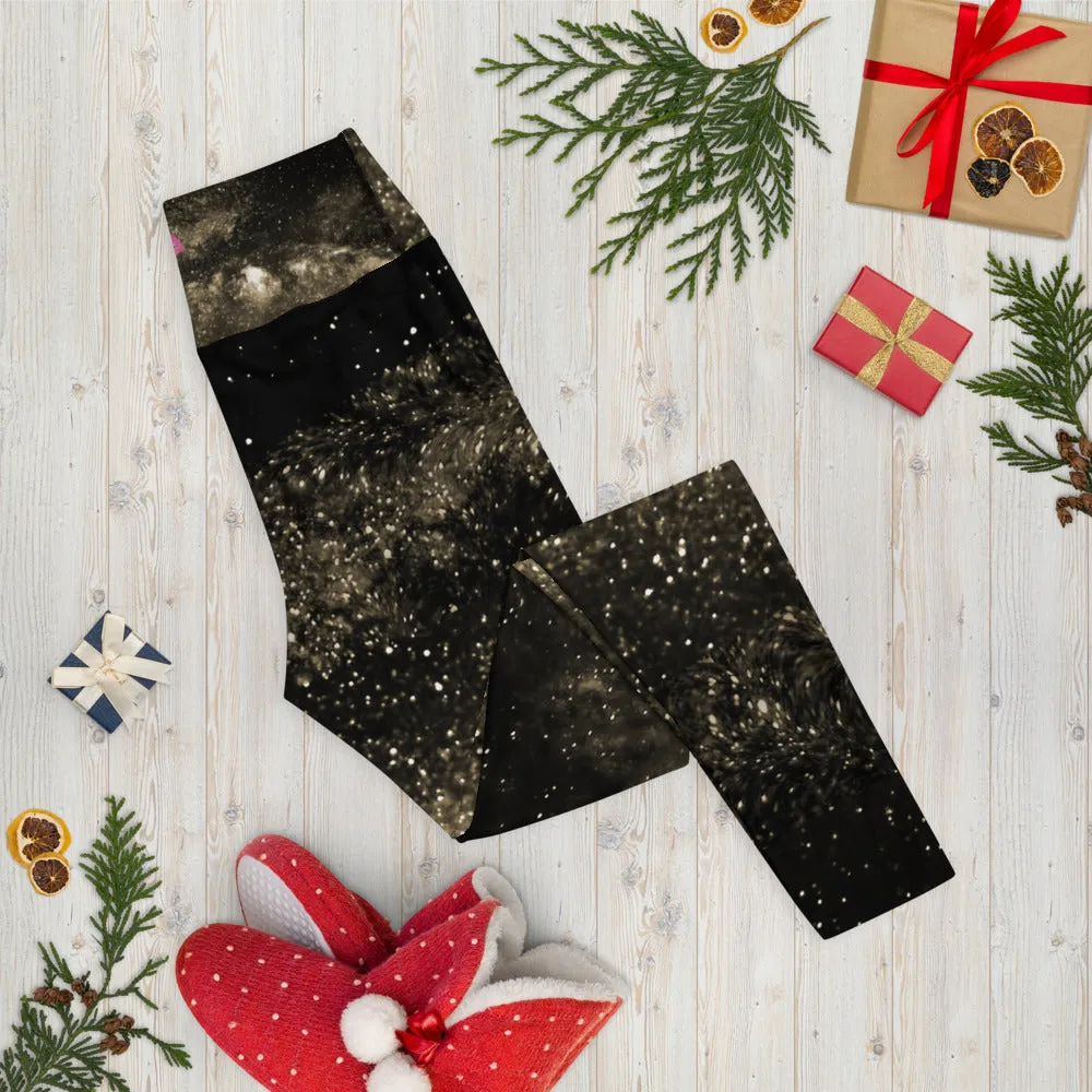 Golden Galaxy Yoga Leggings, Space Galaxies Women's Long Yoga Tights-Made in USA/EU/MX