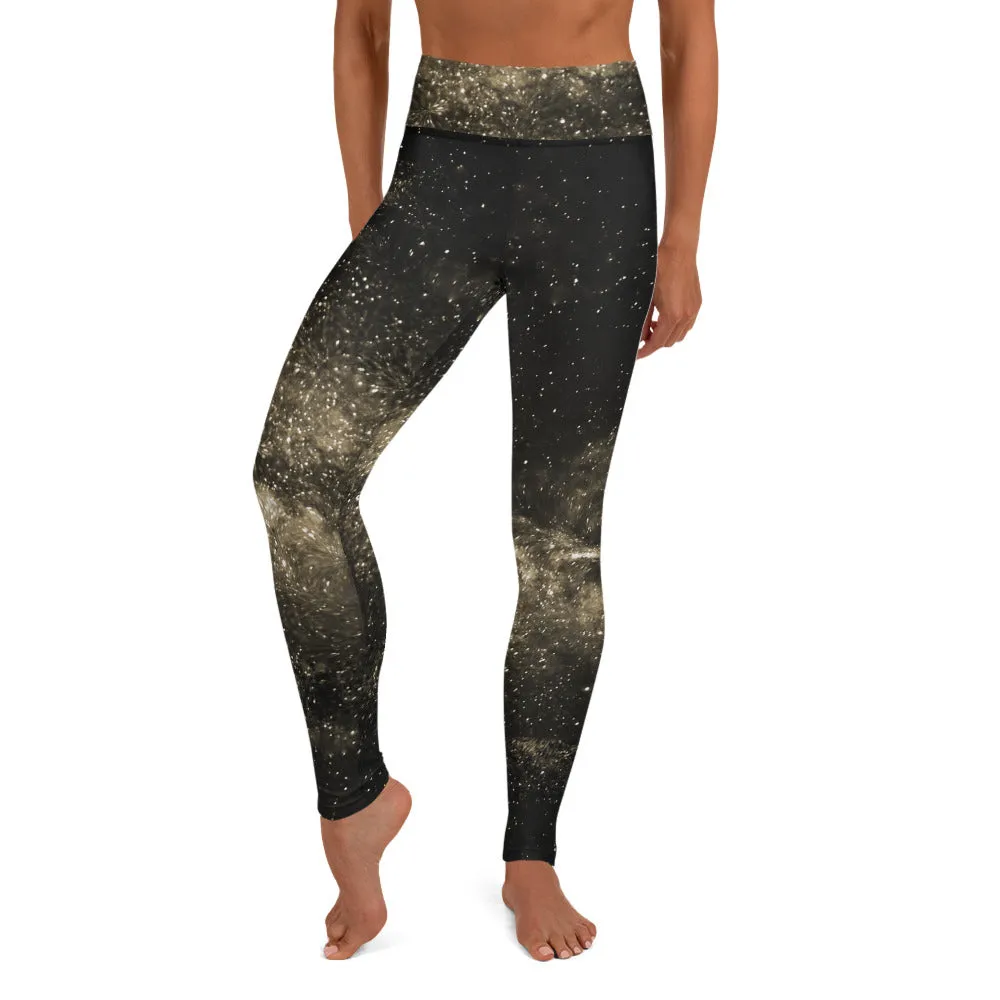 Golden Galaxy Yoga Leggings, Space Galaxies Women's Long Yoga Tights-Made in USA/EU/MX