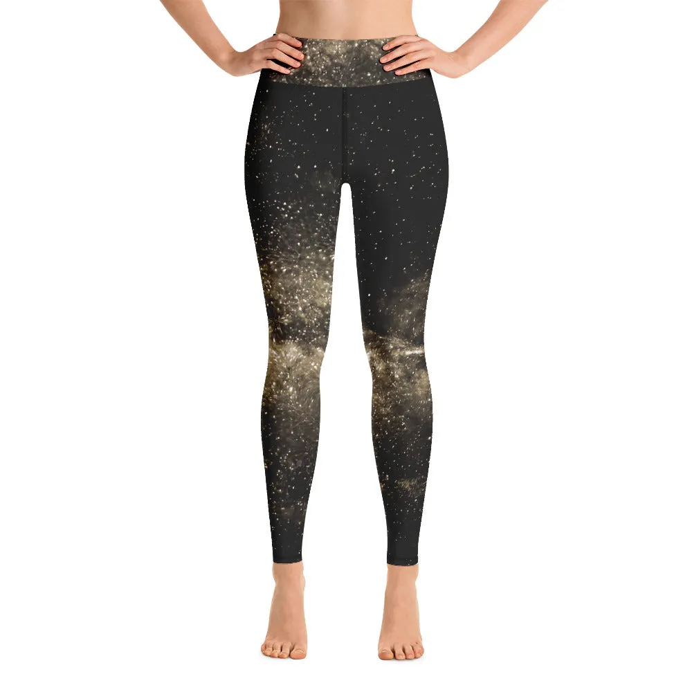 Golden Galaxy Yoga Leggings, Space Galaxies Women's Long Yoga Tights-Made in USA/EU/MX
