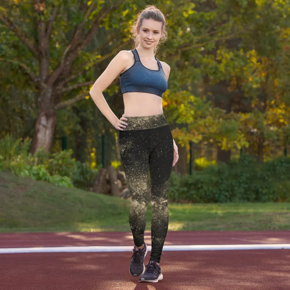 Golden Galaxy Yoga Leggings, Space Galaxies Women's Long Yoga Tights-Made in USA/EU/MX