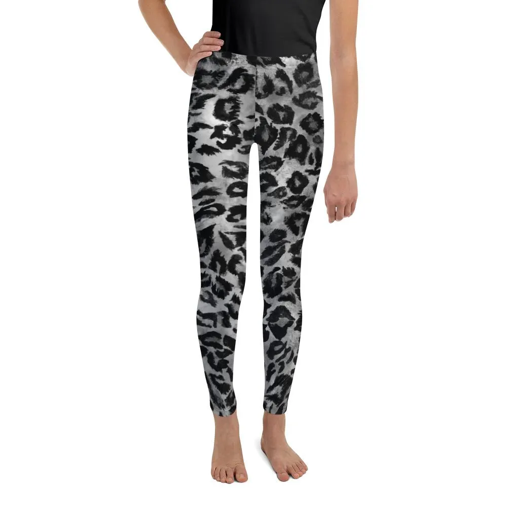 Gray Leopard Animal Print Premium Youth Leggings Tights Active Wear- Made in USA/EU