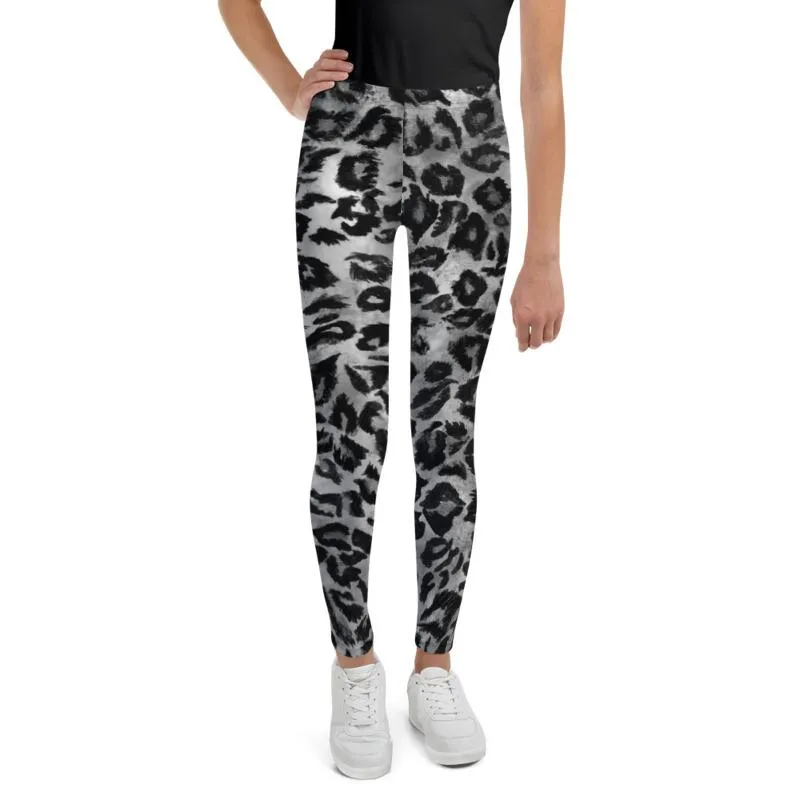 Gray Leopard Animal Print Premium Youth Leggings Tights Active Wear- Made in USA/EU