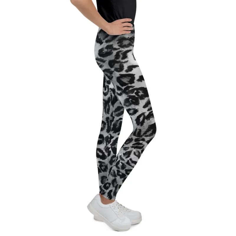 Gray Leopard Animal Print Premium Youth Leggings Tights Active Wear- Made in USA/EU