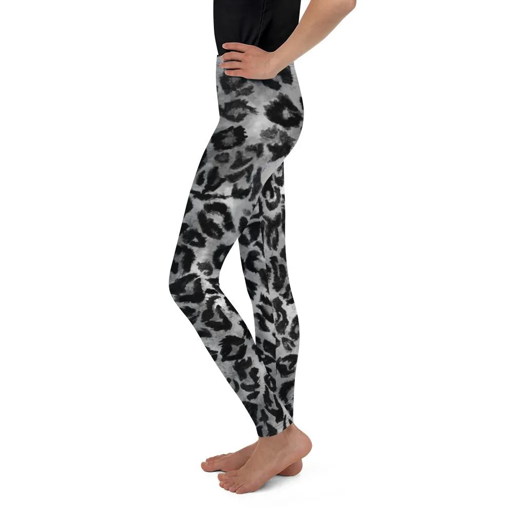Gray Leopard Animal Print Premium Youth Leggings Tights Active Wear- Made in USA/EU