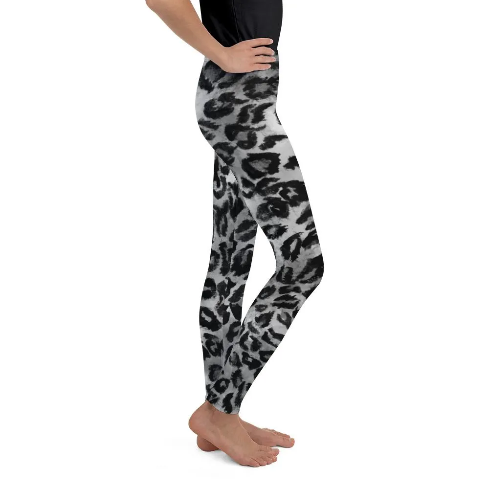 Gray Leopard Animal Print Premium Youth Leggings Tights Active Wear- Made in USA/EU