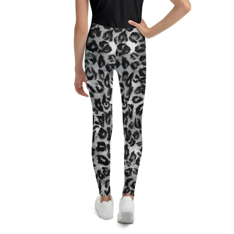 Gray Leopard Animal Print Premium Youth Leggings Tights Active Wear- Made in USA/EU