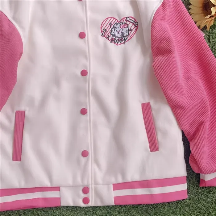 Harajuku Style Puppy Dog Heart Hot Pink White Baseball Jacket