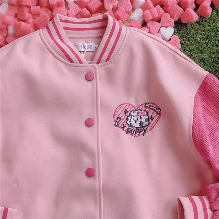 Harajuku Style Puppy Dog Heart Hot Pink White Baseball Jacket
