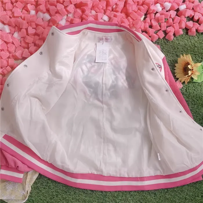 Harajuku Style Puppy Dog Heart Hot Pink White Baseball Jacket