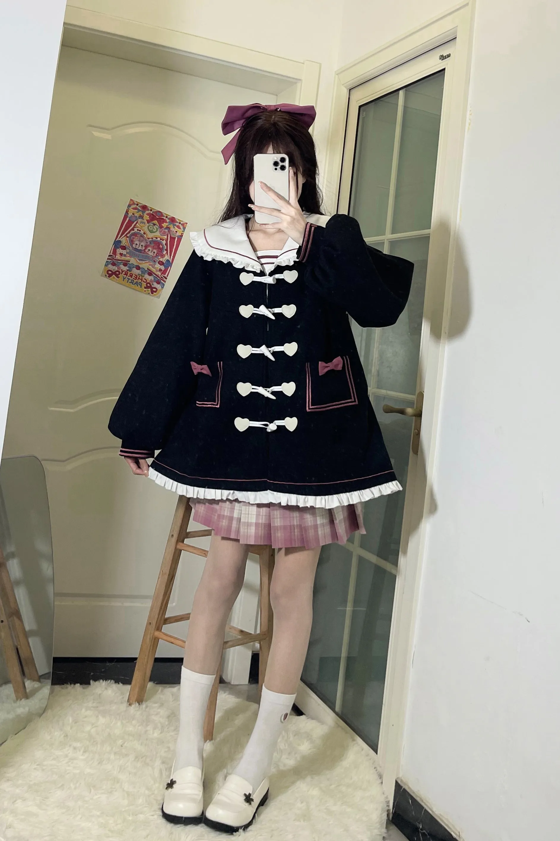 Heart Love Shape Sailor Collar Pink Black Coat Jacket