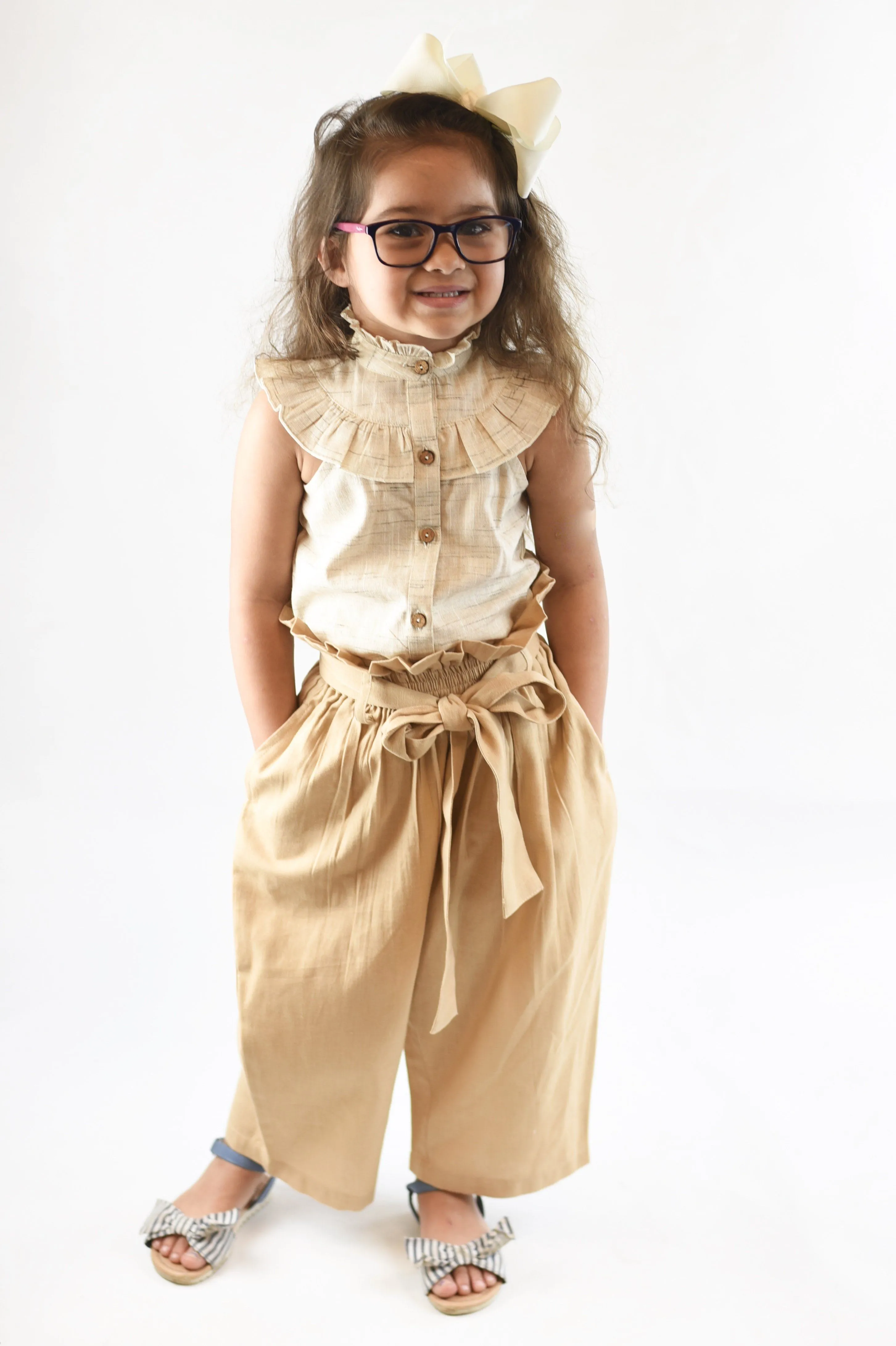 Ivory Frill Top and Blush Paper Bag Beige Pants 2pc. Set