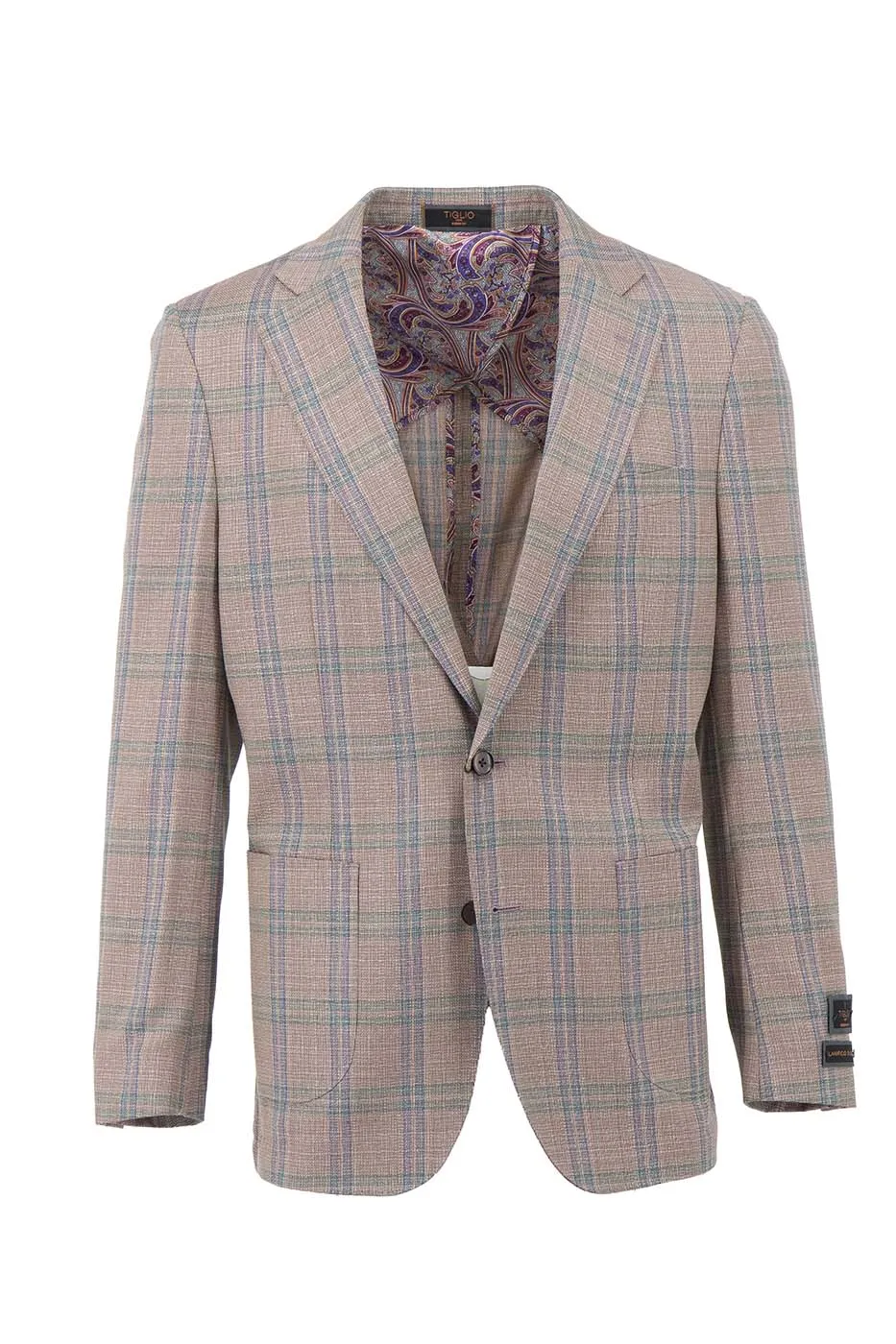 Light Salmon with Blue Windowpane Dolcetto/THP Modern Fit half lined, Pure Wool Jacket by Tiglio Luxe
