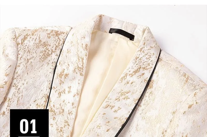 Luxury Golden Shawl Collar One Button Jacquard Tuxedo Blazers