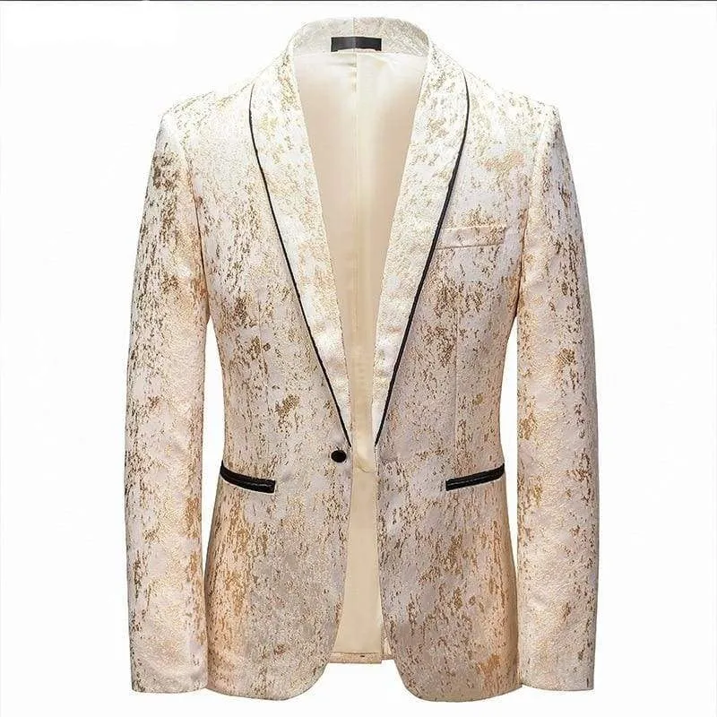Luxury Golden Shawl Collar One Button Jacquard Tuxedo Blazers