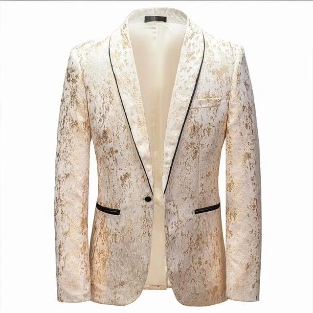 Luxury Golden Shawl Collar One Button Jacquard Tuxedo Blazers
