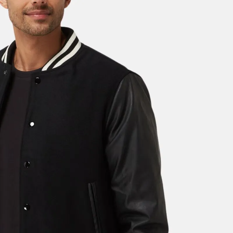 Men's Black Bomber Jacket With Leather Sleeves