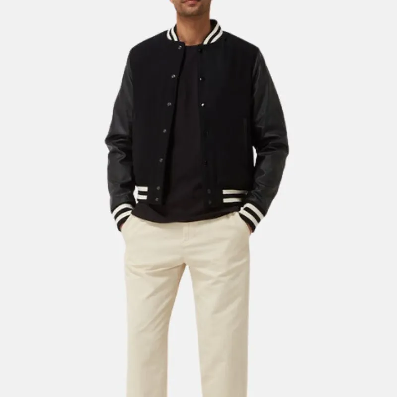 Men's Black Bomber Jacket With Leather Sleeves