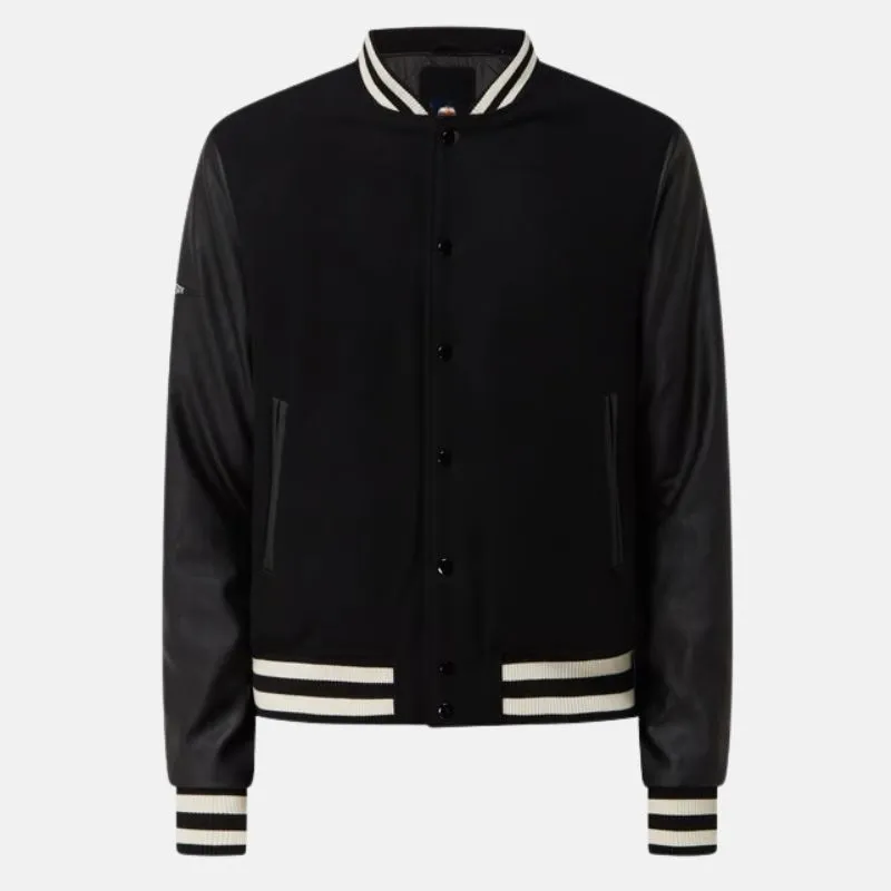 Men's Black Bomber Jacket With Leather Sleeves
