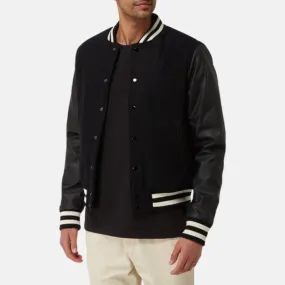 Men's Black Bomber Jacket With Leather Sleeves