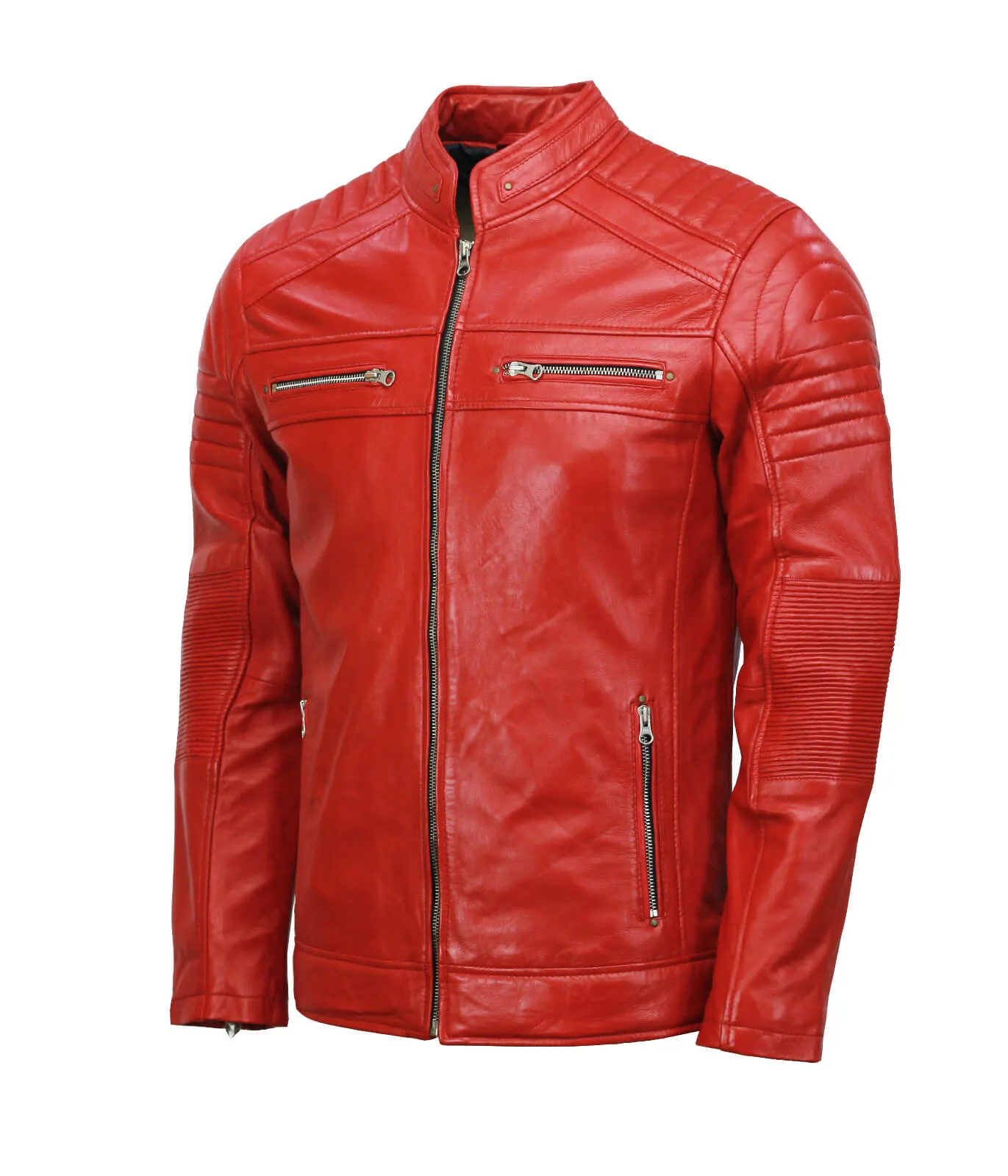 Men’s Café Racer Red Biker Leather Jacket Genuine Motorcycle Outerwear