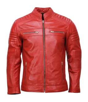 Men’s Café Racer Red Biker Leather Jacket Genuine Motorcycle Outerwear
